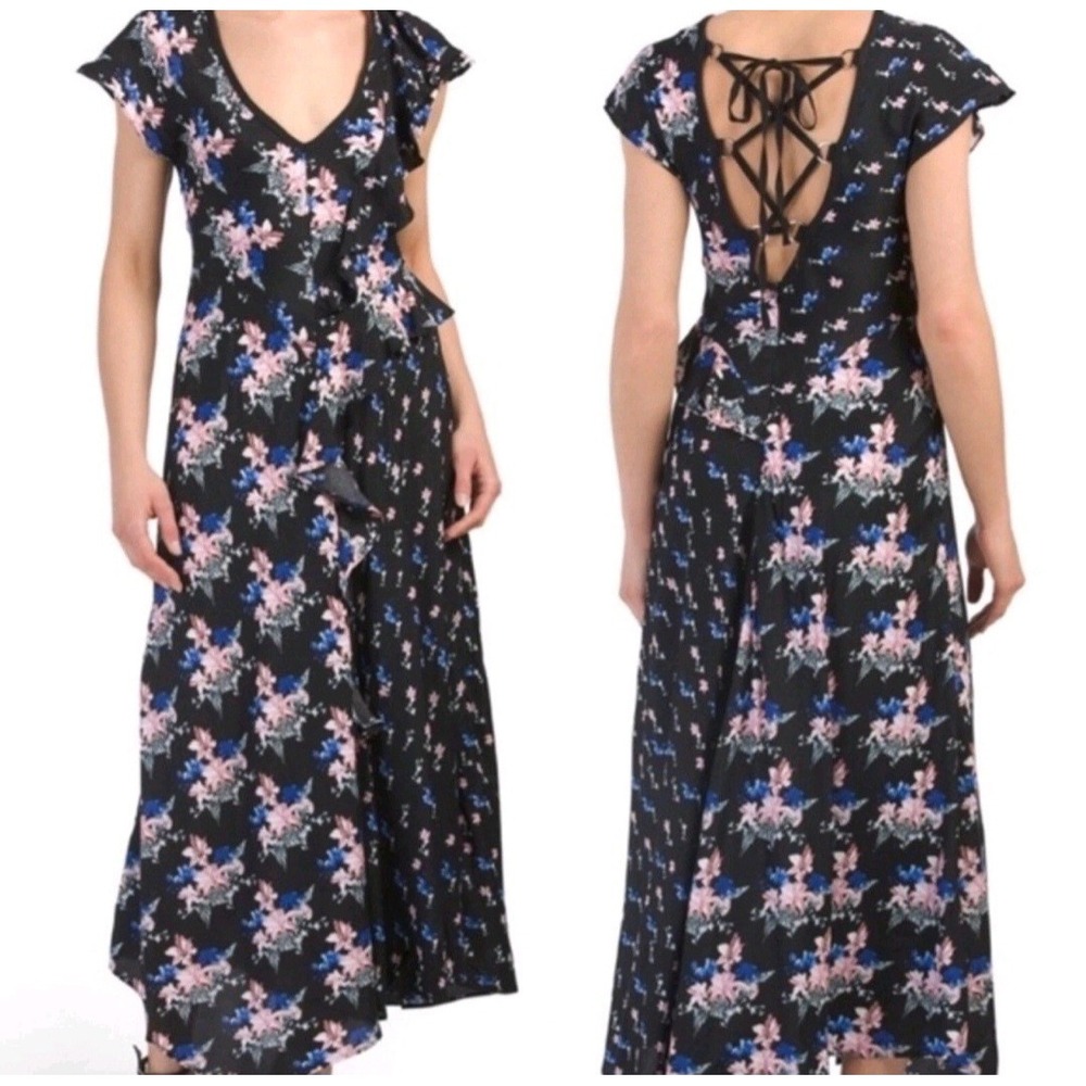 White Closet Black Floral Print Ruffled Lace Up Back Maxi Dress Women's Medium